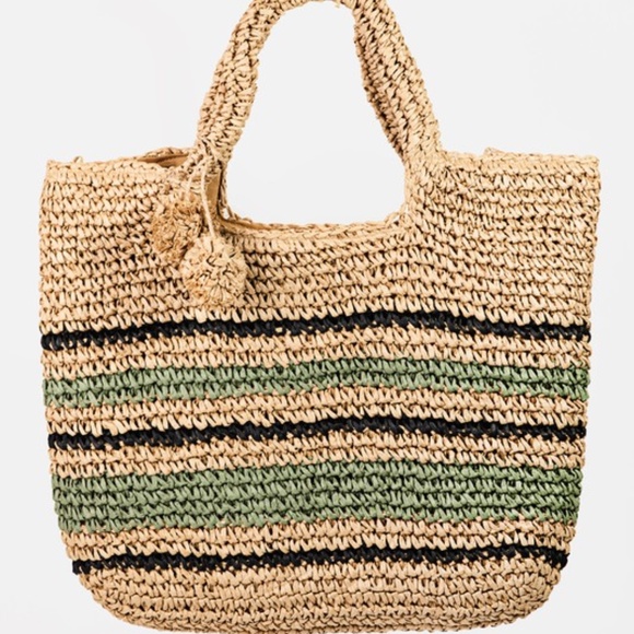 SOLD OUT Khaki Green Striped Woven Straw Braided Summer Tote Bag - Picture 2 of 5